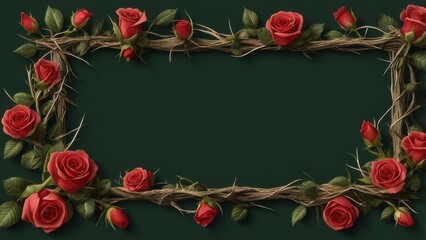 frame of thorns with roses on a dark green background