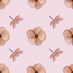 Seamless Pattern Cute Pink Flower and Dragonfly Big Design on Pastel Pink Background