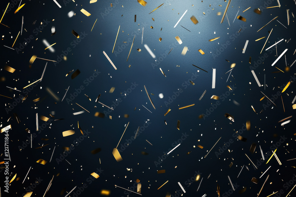 Poster modern confetti pattern in metallic gold and silver on deep blue background with high depth of field