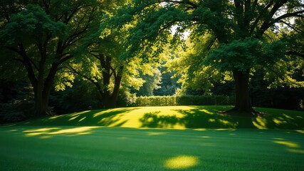 Obraz premium Serene parkland scene with lush green grass and majestic trees casting long shadows in the sunlight
