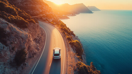 Aerial drone above top view of a red car driving on a spring or summer mountain road near the sea, spring sunny landscape. Vacation concept, travel by car Space for text. Generative AI.