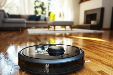 Sleek robotic vacuum cleaner glides effortlessly on pristine hardwood floor in stylish living room