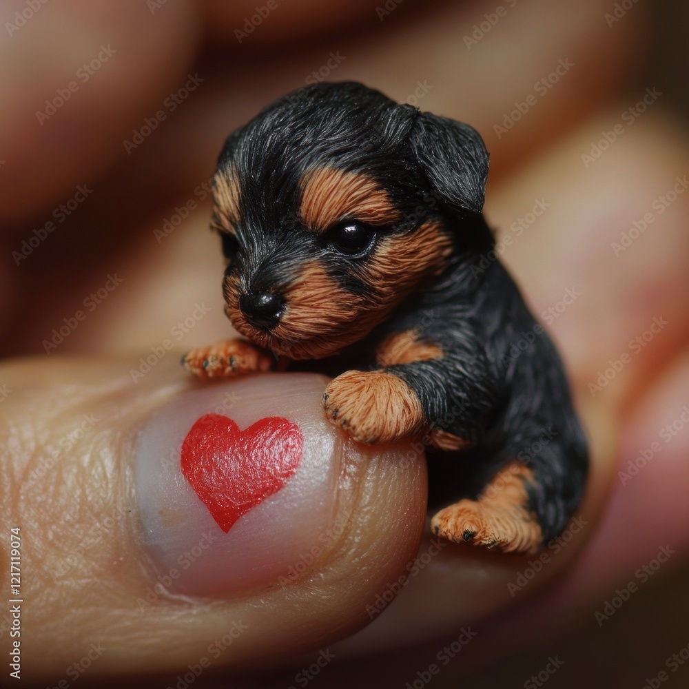 Poster tiny realistic dog figurine resting on a fingertip with a painted heart in a cozy indoor setting. ge
