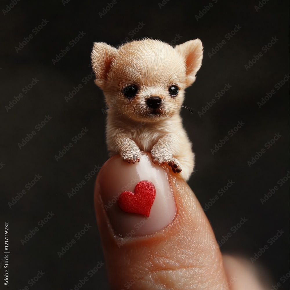 Poster tiny puppy rests on fingertip with heart-shaped nail art in soft light. generative ai