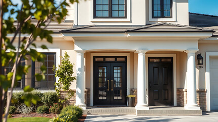 Fototapeta premium Luxury House Exterior: Modern Home Design with Elegant Facade and Landscaping