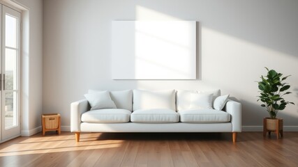 Modern Minimalist Living Room Interior Design with White Sofa and Empty Canvas