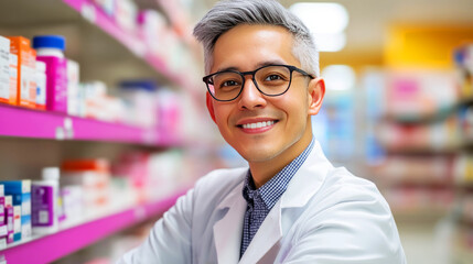 Obraz premium Friendly Male Pharmacist Offering Assistance in Modern Pharmacy with Colorful Medicine Shelves