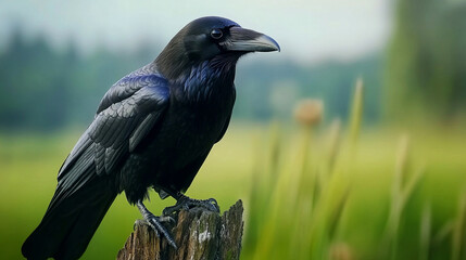 Elegant Black Raven Perched on Weathered Wood in a Lush Green Background