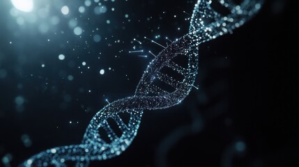 A conceptual image of a DNA strand with glowing, flowing particles representing genetic information, set against a dark