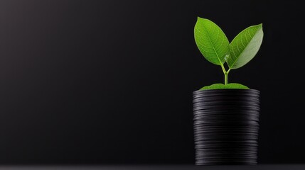 A small green plant in a black pot against a dark background, symbolizing growth.