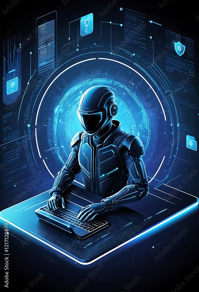Poster futuristic robot operates advanced digital interface system