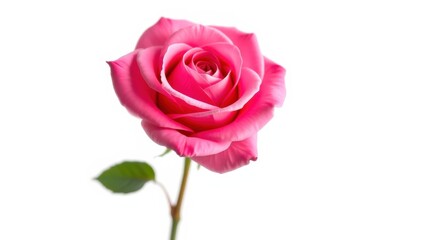 Naklejka premium A single pink rose blossom, elegantly presented against a pure white background, showcasing its delicate petals and vibrant hue