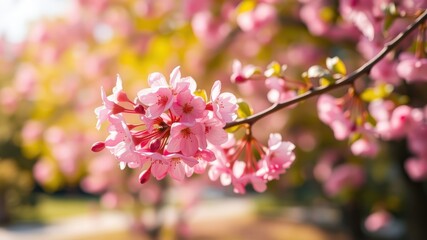 Obraz premium Delicate Pink Blossoms on a Branch, Illuminated by Soft Sunlight, with a Blurred Background of Similar Flowers