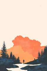 Solitude at Sunset: A minimalist illustration depicting a lone figure silhouetted against a vibrant sunset over a tranquil landscape, evoking a sense of peace and contemplation. 
