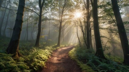 Obraz premium A Tranquil Morning Journey Through Enchanted Forest Trails, Awash with Mystic Fog and Sunlight Filtering Through Lush Green Canopies, Evoking a Sense of Serene Bliss and Nature's
