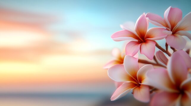 Plumeria Blossoms at Sunset: Delicate pink and white plumeria flowers bloom against a vibrant sunset backdrop, radiating serenity and tropical charm. 