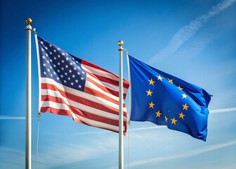 USA and EU Flags Together: International Cooperation Stock Photo