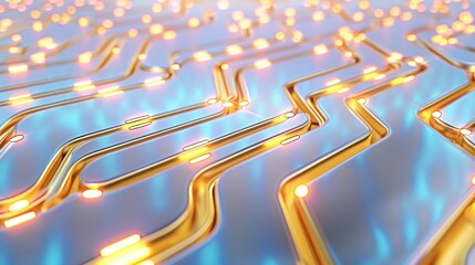 Golden circuit lines flowing across a blue surface