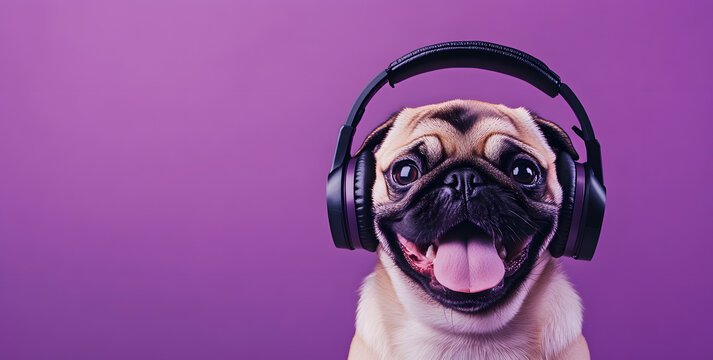 a cute, smiling pug dog wearing headphones and listening to music on a purple background with copy space