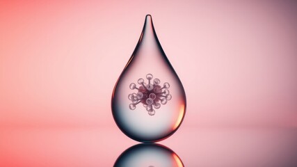 Fototapeta premium A single drop of liquid containing a microscopic organism, reflecting on a pink surface