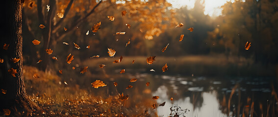 Obraz premium an autumn forest landscape with flying leaves at sunset