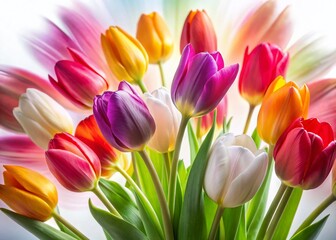 Obraz premium Vibrant Colorful Tulips on White Background - Long Exposure Photography