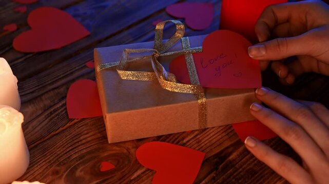 Close up of wooden table in darkness with lighted candles and scattered red paper hearts, woman placing heart shaped card with text I love you on the gift box.