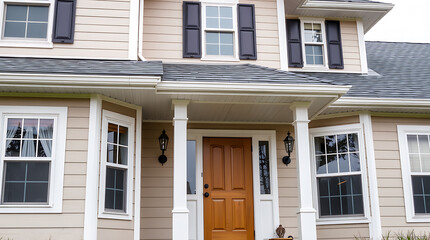 Elegant Home Exterior with Wooden Door and Black Shutters. Beautiful House Design and Architecture. Real Estate Photography