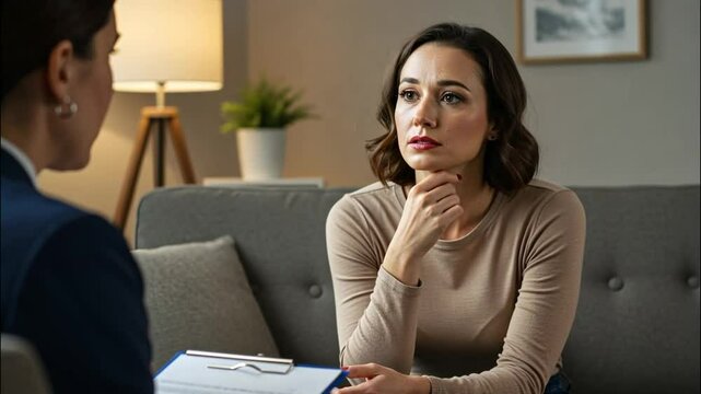 Woman in therapy session looking thoughtful during consultation with professional