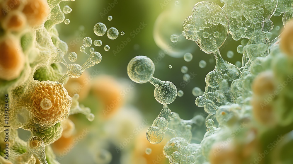 Leinwandbilder close-up view of colorful microbial structures with bubbles and organic forms under soft light, show