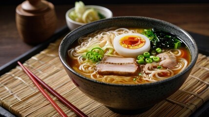 Deliciously Crafted Bowl of Asian Ramen Noodles with Soft-Boiled Eggs, Tender Pork Slices, Fresh Vegetables, and Flavorful Broth for Culinary Delight and Comfort