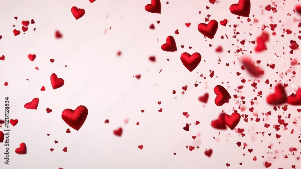 Poster a soft, romantic background filled with floating red hearts, creating a whimsical and loving atmosph
