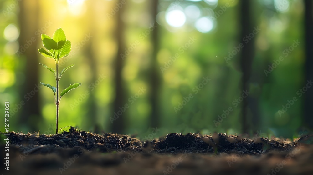 Poster Fresh Green Seedling Emerging from Rich Soil Surrounded by Lush Forest with Gentle Sunlight Filtering Through Trees in a Vibrant Nature Scene