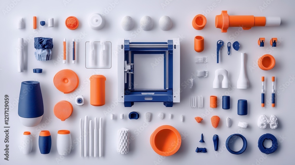 Poster assortment of 3d printed objects and a 3d printer on white background