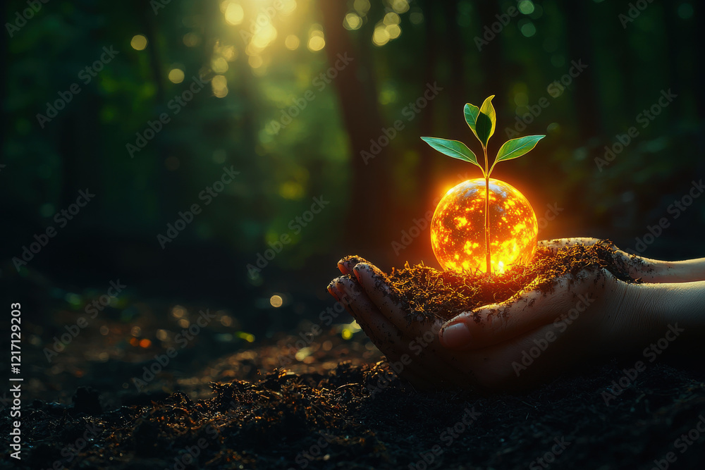 Poster glowing globe sprouts from seedling in hands covered with soil in serene forest setting