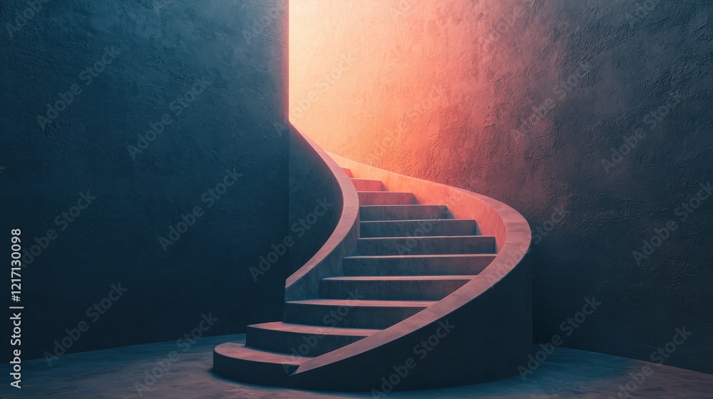 Poster a spiral staircase leads towards a glowing light, creating a serene and mysterious atmosphere in a m