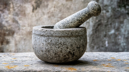 A wooden mortar and pestle set, the background features a rustic wooden surface