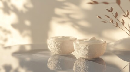 Creamy skincare product in bowls, sunlight, plants