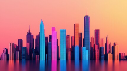 Vibrant City Skyline at Sunset with Colorful Neon Reflections