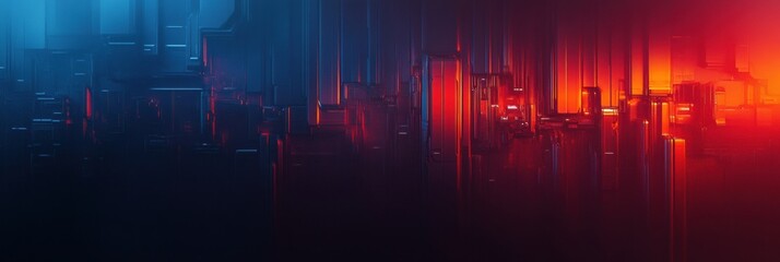 Colorful abstract digital landscape with vertical bars and glowing lights in blue, red, and black hues at night. Generative AI