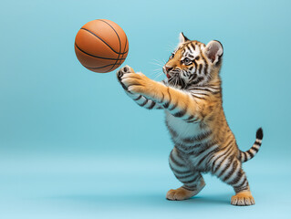 A standing tiger cub reaches out with its paws to catch an orange basketball, frozen mid-play against a pastel blue backdrop. Playful animal action shot full of fun and energy.