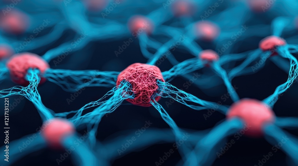 Poster intricate network of red and blue nodes with connections in 3d