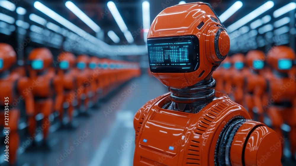 Poster futuristic orange robot with glowing digital face in factory setting