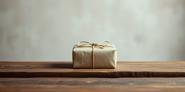 A simple gift wrapped in rustic paper and tied with twine, resting on a dark wooden surface.