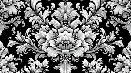 Fototapeta premium Seamless damask pattern with ornate silver floral design on black background.