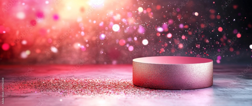 Poster red podium for product presentation with abstract gradient background in a studio setting