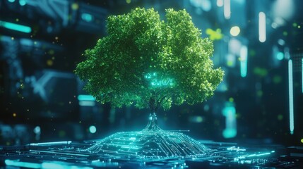 Futuristic glowing tree on digital platform.