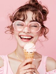 Joyful girl with curly hair and pink bow eating ice cream