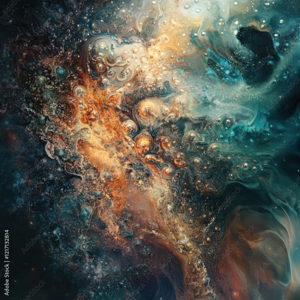 Poster swirling cosmic colors blend in a mesmerizing abstract representation of deep space energy and movem