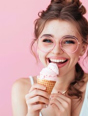 Beautiful woman with pink glasses and ice cream smiling